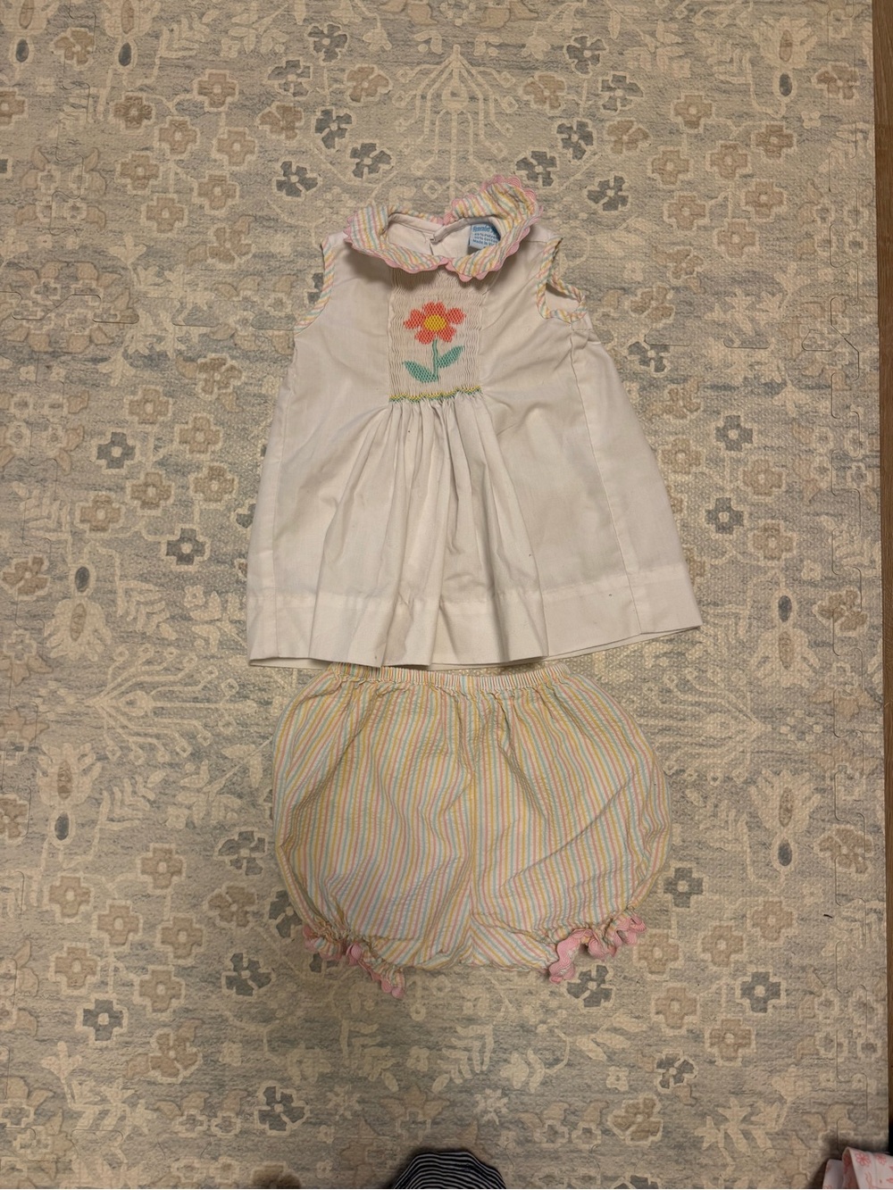 Toddler White Floral Smocked Dress & Pastel Stripe Bloomers
